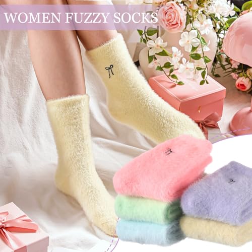 Geyoga 5 Pairs Fuzzy Bow Socks for Women Fluffy Slipper Gift - color: Pastel