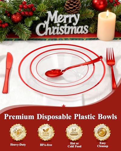 BESTSTAR 100 Pack clear Plastic Bowls with Red Rim - color: Red, size: 100 pack