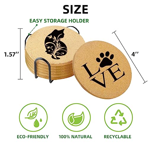 Coasters for Drinks with Holder Set of 6, Cat Paw Coaster for New Home Couples House Warming Gifts Absorbent Cork Wood for Cup Desk Coffee Table Office Kitchen Decor, Round 4" - color: Cat Paw