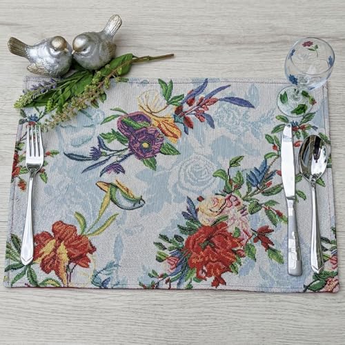 DaDa Bedding Tropical Paradise Floral Blue Roses Placemats - Set of 4 Tapestry Nature Birds Exotic Flowers Botanical Garden Berries - Decorative Linen Woven Kitchen Dining Table Mats - 13” x 19” - color: Tropical Paradise