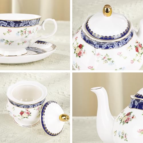 fanquare 21-Piece Blue Lace and Roses Bone China Tea Sets for Adults - color: Blue and Roses
