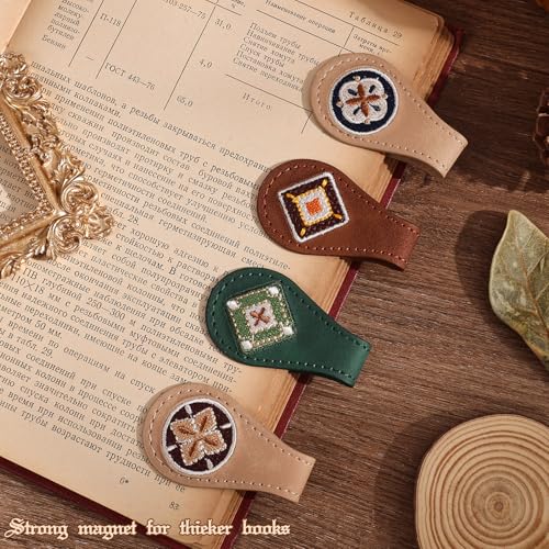 4PCS Vintage Magnetic Leather Bookmark, Leather Magnetic Bookmarks for Women, Magnetic PU Bookmarks Clip Book Accessories, Embroidery Pattern - style: Mixing Colors