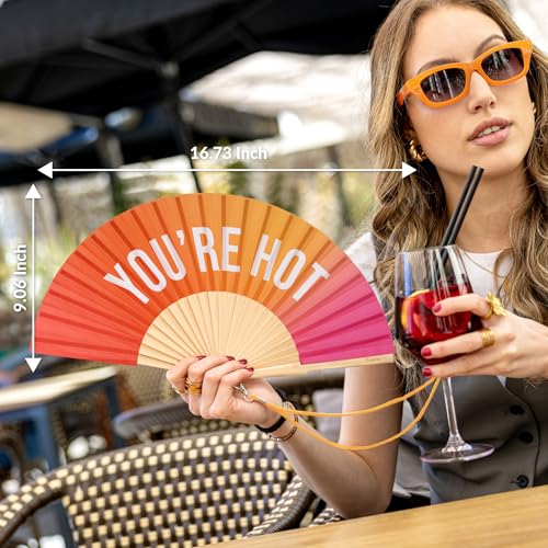 Fisura – Original Folding Fan with Message “You are h*t, Wooden Hand Fan Folding for Women, Gradient Pink Design with Hanger for Wedding, Rave, Festival - Size: 42.5 x 23 cm - color: Hot, Gradient