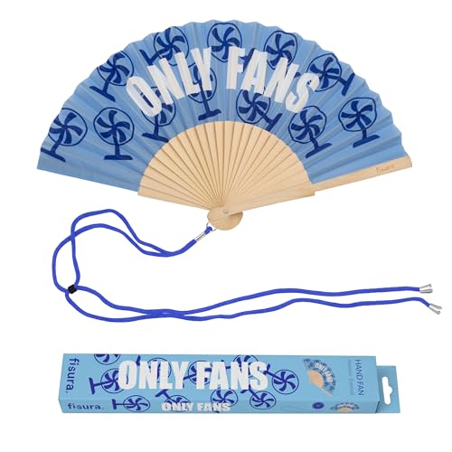 Fisura – Original Folding Fan with “Only F*ns” Message. Colorful Wooden Folding Fan in Blue with Fan Print and Strap Included. Fun Gift idea for Travel Beach Days or Summer Events. 16.7 x 9 in. - color: Only F*ns, Blue