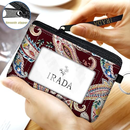 IRADA ID Case Wallet Keychain with Clear ID Window Zipper Cute Coin Purse for Women Water Resistant Small Coin Pouch-Red Paisley Floral Keychain Wallet - color: Paisley Floral-Red-Keychain Wallet