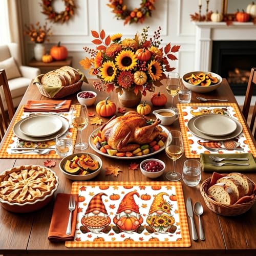 Peacoblue Placemats Set of 4,Faux Leather Fall Gnome Design - style: Fall Gnome
