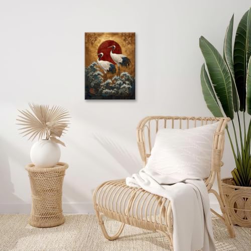 Japanese Crane Wall Art Gold Oriental Asian Wall Decor Sandhill Crane Canvas Pictures Paintings Prints Japan Traditional Aesthetic Artwork Framed Chinese Decorations For Bedroom Living Room Office Gifts 12" x 16" - color: Gold Crane, size: 16"L x 12"W