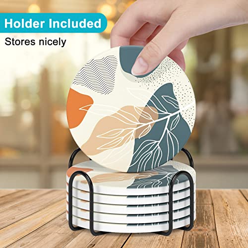 Coasters for Drinks, Set of 6 Cute Absorbent Ceramic Drink Coasters - color: Abstract Boho Leaf