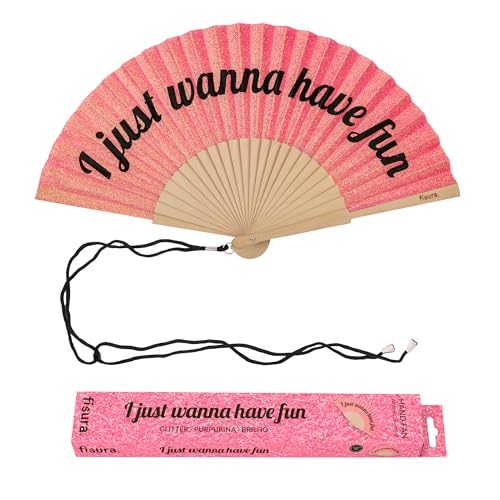 Fisura – Original folding fan with “Have Fun” message. Modern and colorful wooden folding fan. Pink glitter folding fan. Includes strap. Fun gift idea. 16.7 x 9 in. - color: Have Fun, Pink