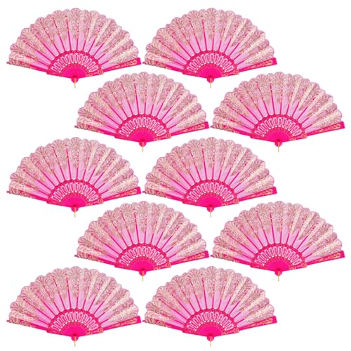 QIRMIZI 10 Pack Folding Handheld Fans,Silk Spanish Fan, Perfect for Weddings, Parties, and Dancing,Deeppink - color: Deeppink, size: 10 PACK