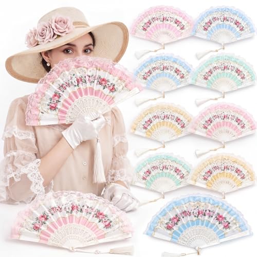 Ecally 12 Pcs Tea Party Favor Floral Folding Hand Fans Gift for Women, Vintage Lace Flower Hand Fans Bulk for Bridal Shower, Wedding, Birthday, Baby Shower, Garden Party Decorations (4 Colors) - color: 4 Colors, size: Tea Flower