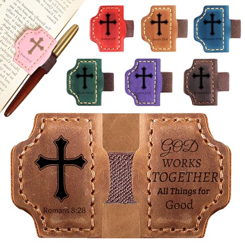 Personalized Leather Bookmark with Pen Holder - Magnetic Bible Verse Design, Christian Book Lovers Reading Accessory, for Book Lovers Men Women (Brown, Romans 8:28) - color: Brown, size: Romans 8:28