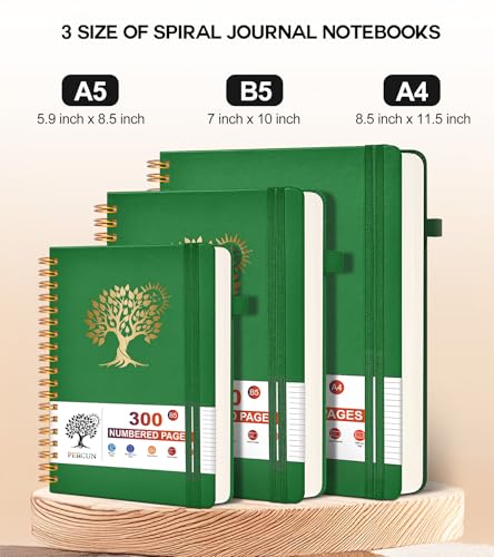 PERCUN Spiral Notebook 300 Numbered Lined Pages Hardcover Journal 8.5"x11" - color: Green, size: A4 size (8.5in x 11.5in)