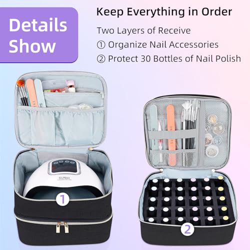 ALSLEA Nail Polish Organizer Holds 30 Bottles (15ml - 0.5 fl.oz) Double-layer Gel Nail Polish Kit Case, Nail Holder for Nail Lamp, Portable Nail Organizer and Storage for Nail Supplies (Black) - color: Black, size: 30 slots