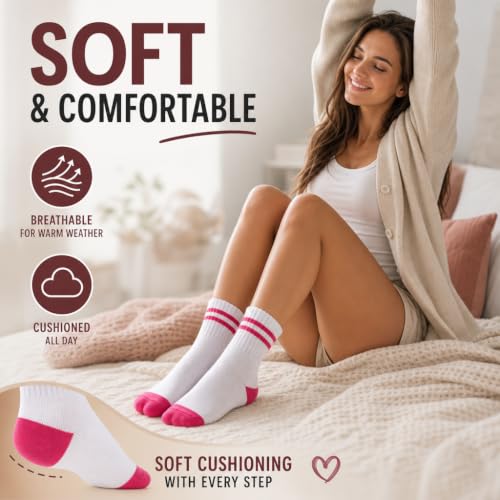 Forever Bambe Mini Crew Socks for Women 4-Pack Cushioned Bottom Retro Striped Socks - Athletic Women's Short Calf Sock - color: 2 - Pink