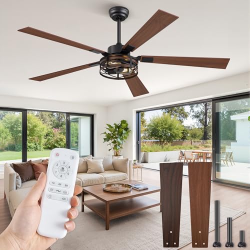 Fanbulous 60" Farmhouse Caged Ceiling Fan with Light & Remote, 6-Speed - color: Black and Walnut, size: 60 Inch