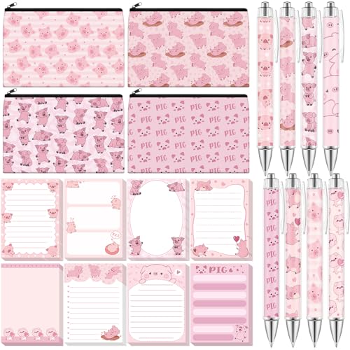 Eaasty 20 Pieces Pink Pig Gift Set Sticky Notes with Piggy Pens, Pencil Bags Makeup Bags, 3 x 4 Inches Cute Note Pads, Funny 1.0 mm Ballpoint Pens, Office Supplies for Women - style: Pink Pig