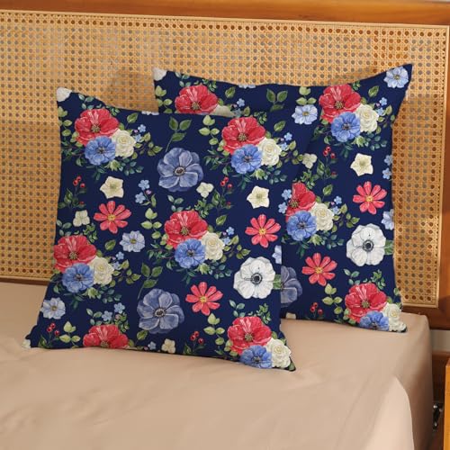 4th of July Floral Pillow Covers 18x18 Pack of 2,Boho Blue Red Flower Throw Pillow Covers Independence Day Floral Decorative Pillowcase Farmhouse Square Cushion Cover for Couch Sofa Outdoor - color: Blue Red Floral-1, size: 18" x 18" (Pack of 2)