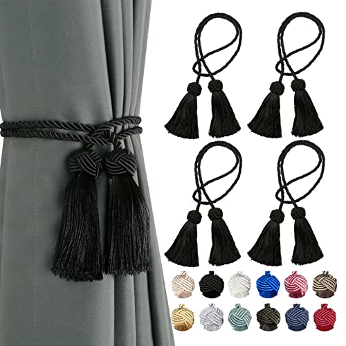 BEL AVENIR 4 Pack Handmade Rope Tassel Curtain Tiebacks - color: Black, size: 4 Pack