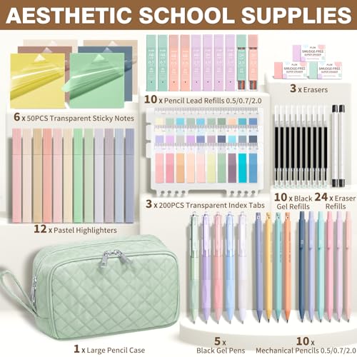 62PCS Aesthetic Back to School Supplies w/ Cute Pencil Case Stationary Set - color: Sage Green