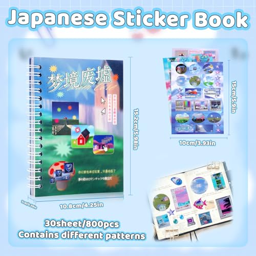 800Pcs Japanese Sticker Book for Journaling Adult, Cute Scrapbook Stickers - style: Ab 800Pcs Blue Dream