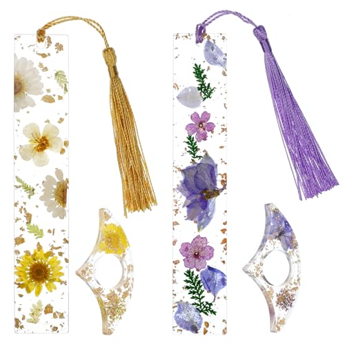 4 PCS Transparent Book Thumb Page Holder Bookmarks, Handmade Cute Bookmark with Tassel Dried Flower Bookmarks Reading Accessories Book Lover Gifts for Reading Lover Students Teachers