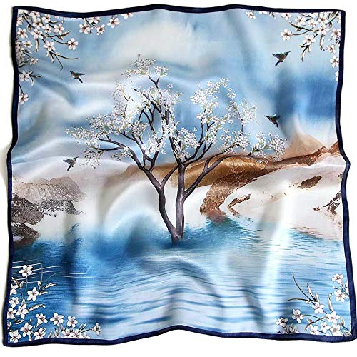 ANDANTINO 100% Mulberry Silk Scarf -21” Square Neckerchief with Gift Packed - color: Flower&tree