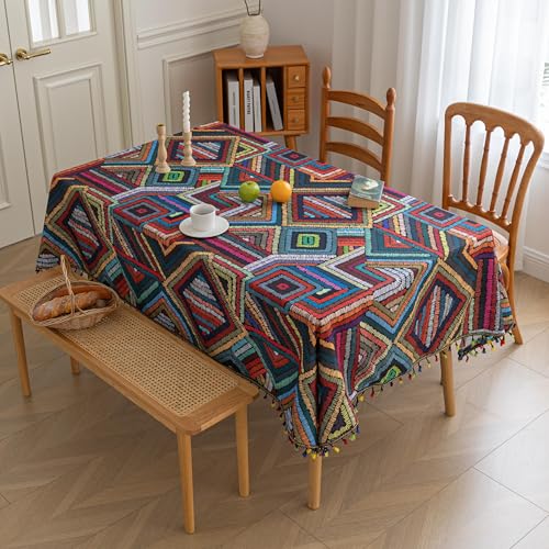 Handblock Print Tablecloth for Square Tables, Geometric Stitch Table Cover with Fringed Edges, Decorative Tablecloth for Kitchen and Dining Room,59"x 70" - color: Geometric Stitch, size: 70" x 59" (Rectangular)
