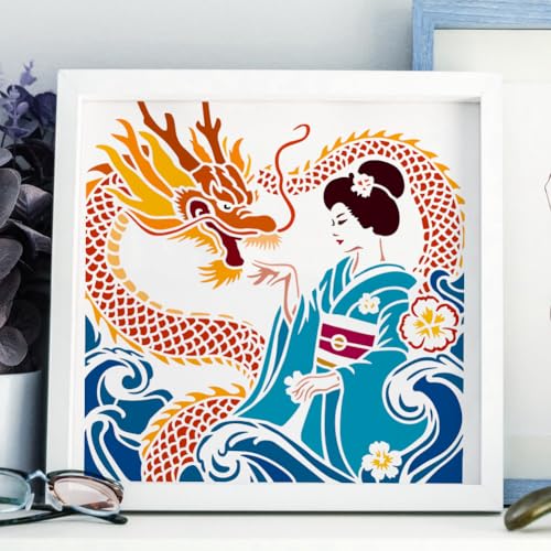 FINGERINSPIRE Japanese Geisha Painting Stencil with Brush 11.8x11.8inch Plastic PET Wave Dragon Drawing Template Decorative Hollowed Oriental Theme Stencil for Painting on Wood Canvas Fabric Clothes - style: Japanese Geisha