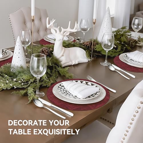 13" Round Placemats Set of 6, Reversible Faux Leather Wipeable Table Mats - color: Burgundy