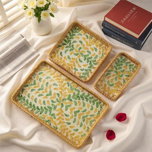 3 Pcs Rectangle Rattan Mother of Pearl Inlay Wicker Decorative Serving Tray - color: Yellow Green Wicker
