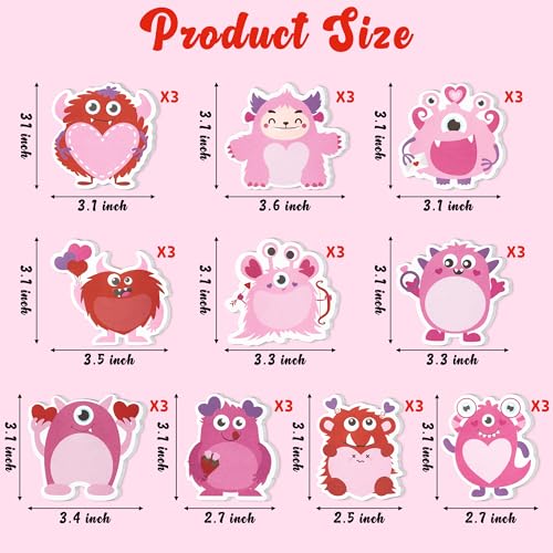 CJiangpo 30 Pack Valentine’s Day Sticky Notes Pad 600 Sheets Cute Monster Self Stick Notepad Memo Pads Funny Page Marker Valentines Gift - color: Monster