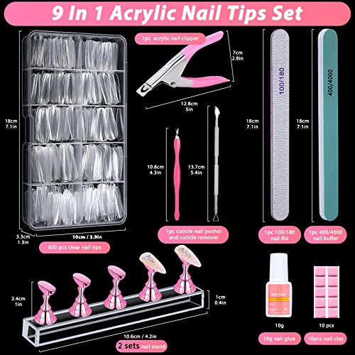 600PCS Clear Coffin Nail Tips Set Qinzave Clear Acrylic Nail Tips with Nail Glue Coffin Nails Full Cover with Nail Display Stand, Cuticle Nail Pusher Remover, Nail Files Buffer - color: Full Cover Nail Tips Set