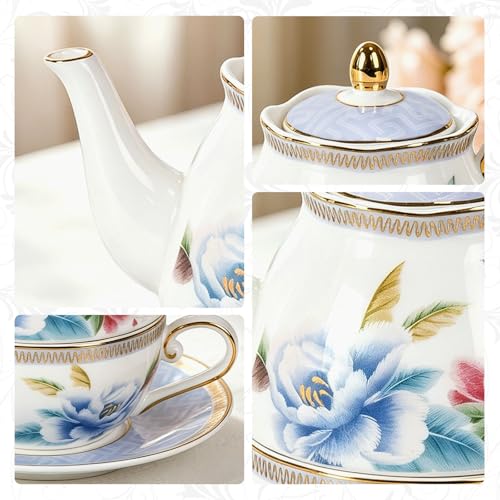KAMMAK Tea for One Set, Ceramic Teapot, Bone China Tea Set, Cup and Saucer - color: Colorful-GH8