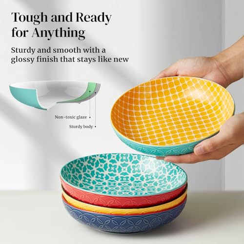DOWAN 8.5" Vibrant Pasta, Salad & Soup Serving Bowls Set of 4, Embossed Large Porcelain Ceramic, Microwave, Oven & Dishwasher Safe, Bonita Design Perfect for Daily Dining, Family Gatherings, Party - size: 8.5 IN