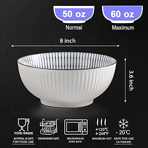 Houlu 60 oz Pho Bowls, Large Soup Bowl, Japanese Ramen Bowl Set, 8 inches Big Porcelain Bowls Set of 3, Striped Pattern - color: Striped Pattern