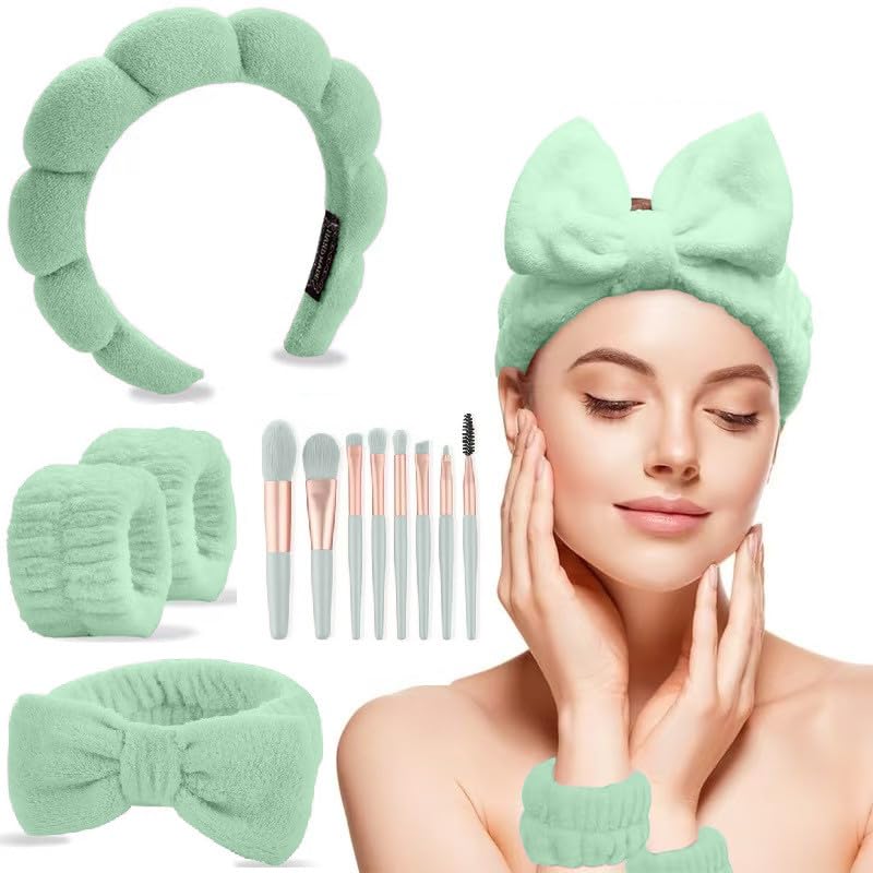 CAZYTOYZ Sponge Spa Headbands for Women Wristband Set Puffy Makeup Brush Headband Set for Washing Face Soft Towel Skin Care Head Band Cute Hair Band Shower - color: Green
