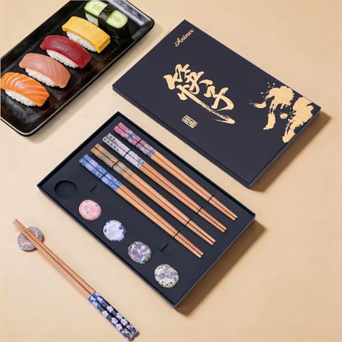 Antner 5 Pairs Reusable Bamboo Chopsticks Set with Ceramic Chopstick Rests, 8.8 Inch Japanese Style Chop Sticks with Holders for Sushi Ramen Asian Cuisine Lovers Gift Set, Black Elegant Packaging - color: Colorful Bloom Floral Chopsticks Set