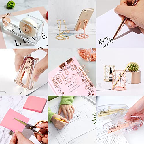 Rose Gold Office Supplies and Accessories, Acrylic Stapler, Staple Remover, Tape Holder, Ballpoint Pen, Scissor, Binder Clips, Staples, Phone Holder, Ruler, Transparent Glue and 300 Notes - color: Rose Gold
