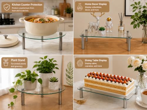 6 Piece Tempered Glass Display Stands Set, Clear Table Organizer Risers - size: Round + Rectangular