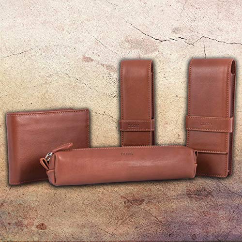 DiLoro Leather Double Pen Case Pencil Pouch Holder for Two Fountain Pens Ballpoint Rollerball and Pencils (Bugatti Tan) - color: Bugatti Tan