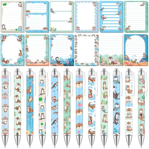 Dispowreath 24 Pcs Otter Sticky Notes with Pens Themed Gifts Self Adhesive Notepad Cute Memo Notes Pads Black Ink Ballpoint Pen for Otter Lover Gifts Office School Students Teacher Supplies - style: Otter
