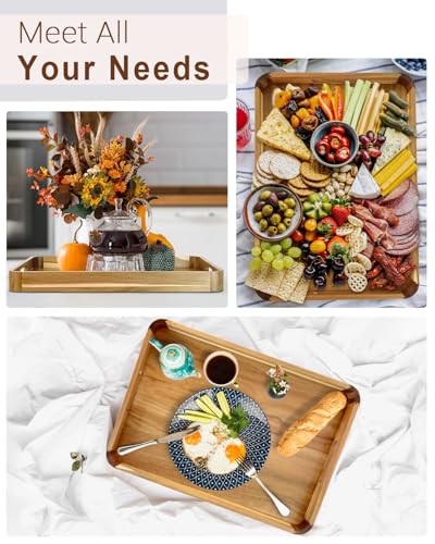 22 Inch Wooden Serving Tray, Acacia Ottoman Tray, Rounded Corners