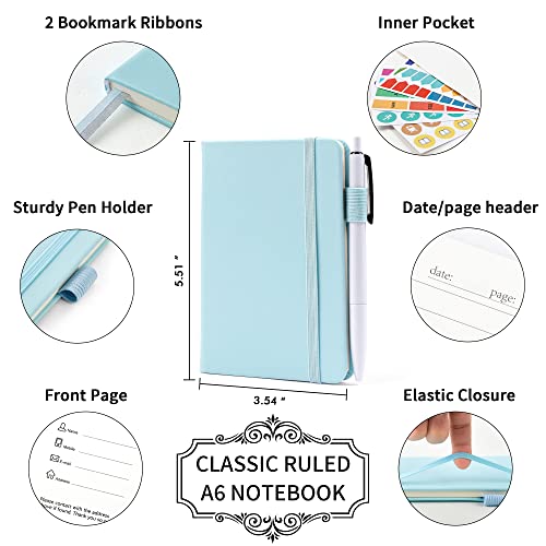 feela 6 Pack Pocket Small Notebooks Bulk, Mini Cute Memo Notepads Hardcover College Ruled Lined Journals with Pen Holder for Women Girls Office School, with 6 Black Pens, 3.5”x 5.5”, A6, Sky Blue - color: 6 Sky Blue