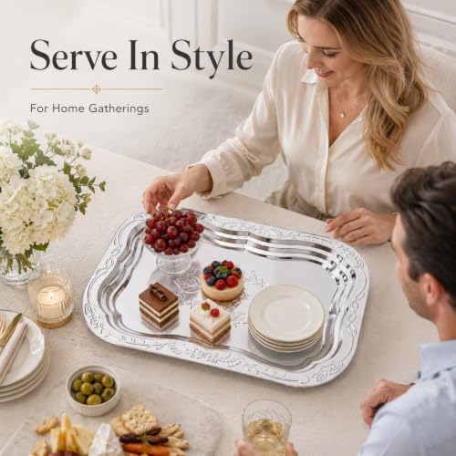4 Pcs Large Silver Serving Trays, 15.7x10.8 in Stainless Steel Rectangular Serving Tray, Decorative Floral Engraved Platters for Party, Wedding, Buffet, Home Kitchen - size: 15.7x10.8 in