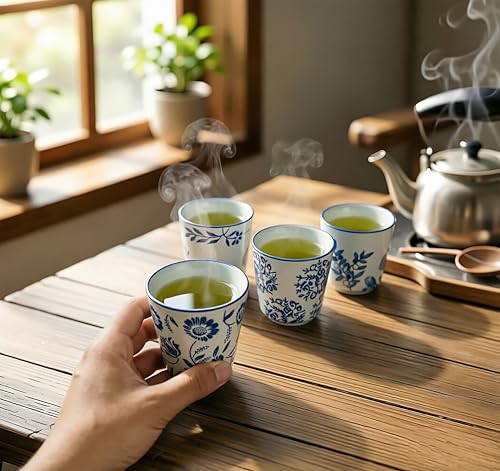 6 oz Japanese Tea Cups, Matcha Cups Ceramic, Handless Espresso Cups - color: Blue-Plants 2