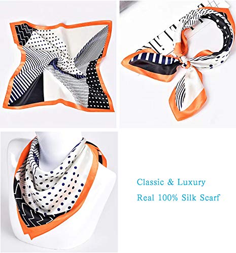 ANDANTINO 100% Mulberry Silk Scarf -21” Square Neckerchief with Gift Packed - color: Black& Orange Geometric