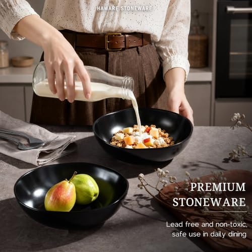 HaWare Cereal Bowls, 26oz Stoneware Serving Bowls Set of 4, for Salad Pasta - color: Matte Black