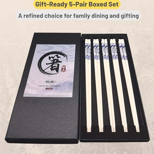 Porcelain Chopsticks Set of 5 Pairs, Reusable Bone Ceramic Chopsticks, Dishwasher Safe, Non-Slip Design, Elegant Gift Box for Family or Restaurant Use (Camellia) - color: Camellia