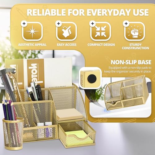 Flexzion Metal Mesh Desk Organizer with Drawer, 6 Compartments, Rose Gold - color: Metallic Rose Gold